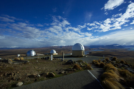 Mount John University Observatory is New Zealand's premier astronomical research observatory. Looking towards the north, is offering a view to lake Tekapo, lake Alexandriana and Aoraki Mount Cook in the distance.のeditorial素材