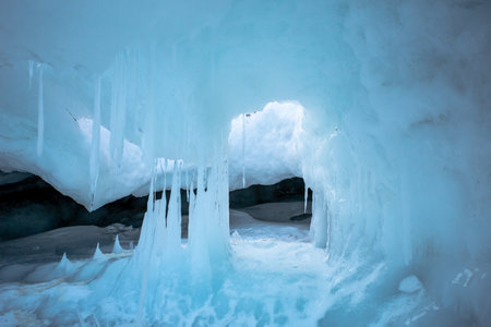 A grotto at Olkhon Island in the Lake Baikal, is covered by thick icicles in the winter. During the...