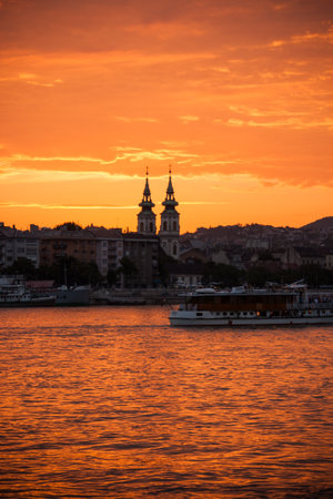 Church in orange sunset Budapestのeditorial素材