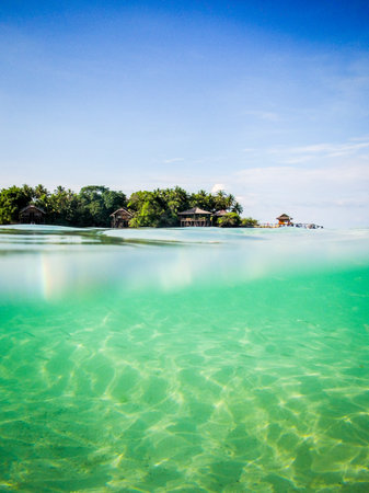 Diving under into the sea at a tropical islandの写真素材