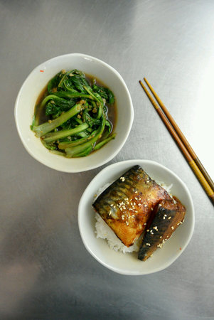 Asian Food Grilled Teriyaki Mackerel Fish Fillet with Stir Fried Vegetables and Riceの素材