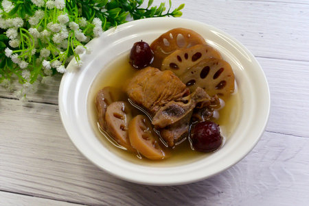 Lotus Root and Pork Spare Ribs Bones Soup with Red Dates Jujube Traditional Chinese Asian Food...