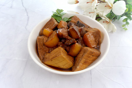 Pork Belly and Tofu Stew Braised with Dark Soy Sauce and Garlic Traditional Chinese Asian Cooking Food Cuisineの写真素材