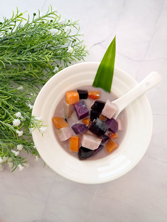 Bubur Cha Cha Chacha Malaysian South East Asian Dessert Sweet Soup Tong Shui Sweet Potato Taro Yam Tuber Grass Jelly in Coconut Milk Syrupの写真素材
