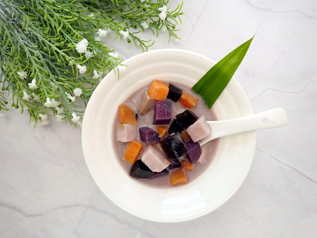 Bubur Cha Cha Chacha Malaysian South East Asian Dessert Sweet Soup Tong Shui Sweet Potato Taro Yam Tuber Grass Jelly in Coconut Milk Syrupの写真素材
