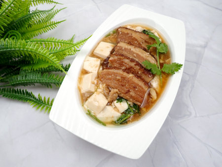 Silken Tofu Simmered with Canned Stewed Pork Belly Slices Chinese Asian Traditional Comfort Foodの写真素材