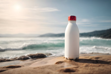 White plastic bottle on the sand near the sea. Concept of healthy lifestyle.の素材