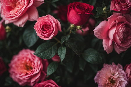 Beautiful roses in a bouquet on a background of greeneryの素材