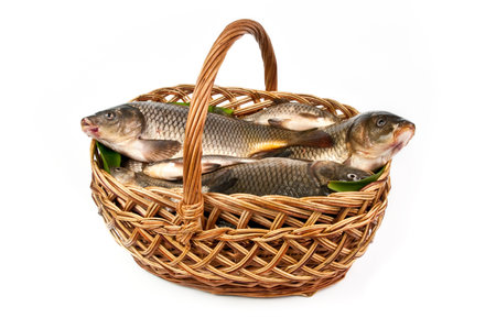 Fresh fish in a basket isolated in whiteの写真素材