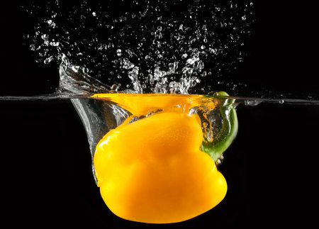 Yellow pepper falls in the water before black backgroundの写真素材