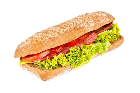 Tomato, salami and cheese panini isolated on whiteの写真素材