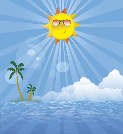 island  in sea with sun  backgroundのイラスト素材