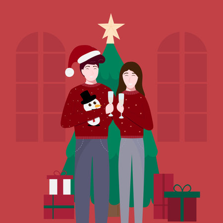 Vector illustration of a new year party with man and woman drinking champagneのイラスト素材