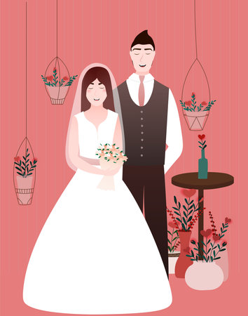 Wedding couple standing around flowers, happy groom and bride on pink background, vector illustration for greeting cardのイラスト素材