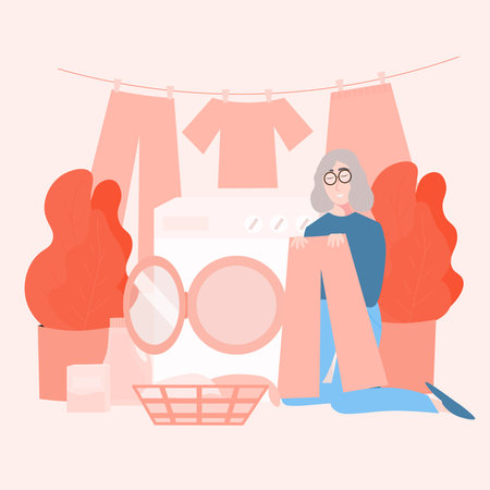 Grandmathem doing laundry, washing dirty clothes, washmachine and basket with clothing vector illustrationのイラスト素材