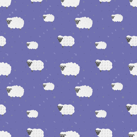 Colorfull pattern with sheeps, stars and dots on light violet background, decorative cute wallpaper for print or textile in cartoon styleのイラスト素材