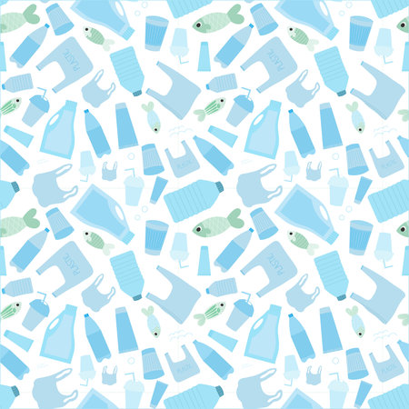 Seamless pattern with different kind of plastic garbage, ocean pollution with trash, little fishes, eco problem on white backgroundのイラスト素材