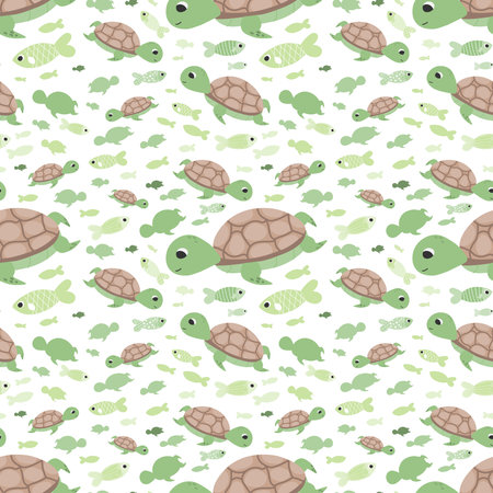 Cute turtle pattern with fishes on white background for childish wallpaper or wrapping paper, fabric printing, colourful vector graphicのイラスト素材