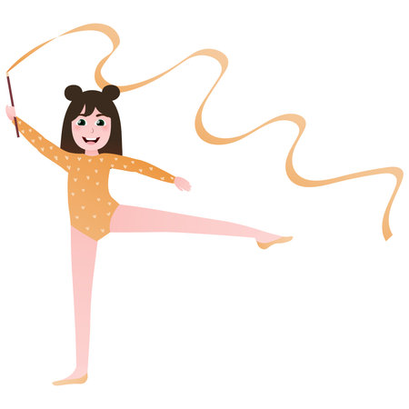 Cute athletic girl training with ribbon in gym, kid performing gymnastics exercise in cartoon style, future professional atletics on white backgroundのイラスト素材