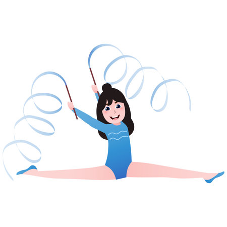 Cute girl doing atletics excersices on twine with ribbon in blue tutu, litttle ballerina training, afterschool activity in cartoon style on white background, gymnasts in gymのイラスト素材