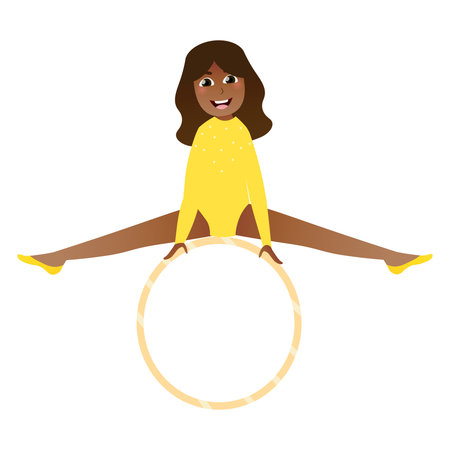 Cute african girl practicing handstand on hoop, little flexible gymnast doing strentching exercises, rhytmic pose for posters in cartoon style on white backgroundのイラスト素材