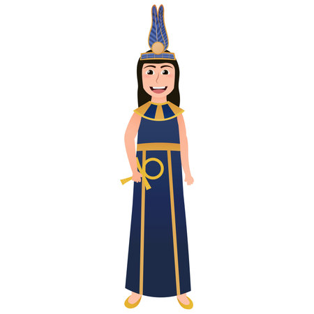 Cute girl in ancient egyptian attire, mythological godness costume, vector illustration in cartoon style for infographics, cleopatra clothesのイラスト素材