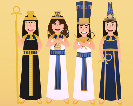 Ancient egyptian goddess or sacred queens collection in cartoon style, cultural persons in traditional clothes, pharaoh setのイラスト素材