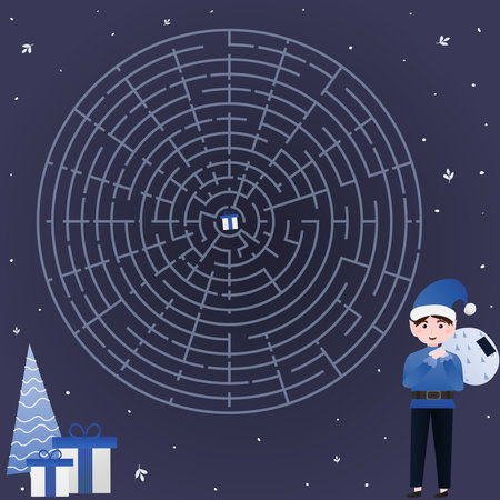 Christmas circle labirynth, helt to find way for elf to gift, children maze for books, path riddle, game for kids in cartoon styleのイラスト素材