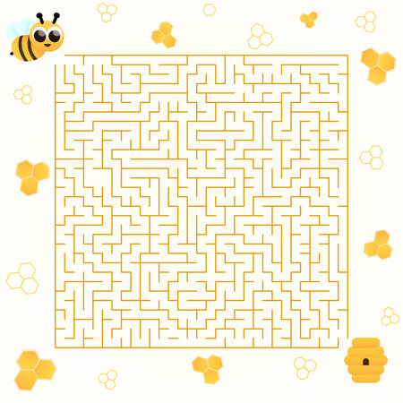 Labyrinth for children books with cute cartoon character bee, help to find right way to hive, honey theme, riddle for school kidsのイラスト素材
