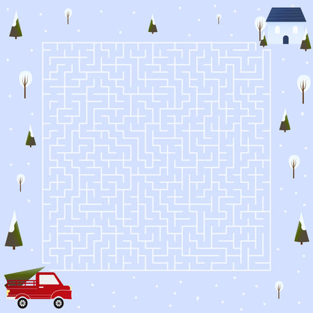 Labyrinth in cartoon style for kids in winter holiday theme, help to find right way ro home, christmas tree, children book maze on blue backgroundのイラスト素材
