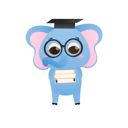 Cute elephant holding books, educational illustration for kids in cartoon style, childish animal character reading books for card or infographicsのイラスト素材