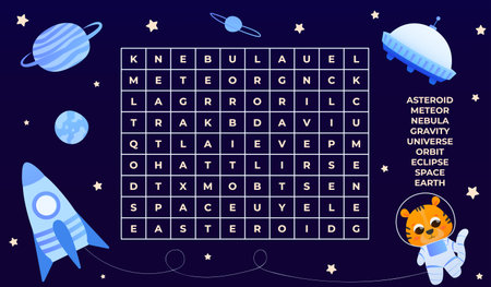 Word search game for kids, find english words, galaxy explore concept with cartoon character and spaceship, planets and stars, educational puzzle for preschoolerのイラスト素材