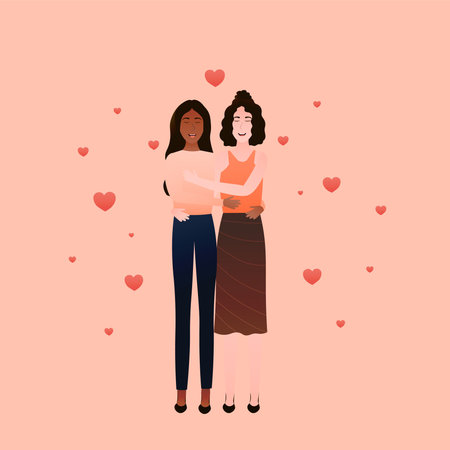 LGBT couple cuddling on pink background hearts around, romantic relationships of lesbian, diversity, friends embracing, valentine card for greeting, african girl with her girlfriendのイラスト素材