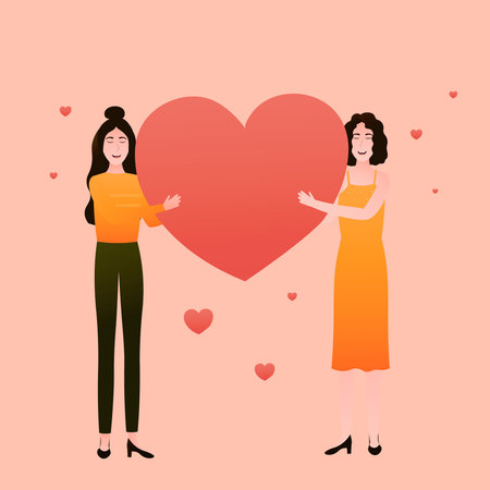 happy women holding giant heart, valentine greeting card, romantic relationships, lgbt couple, friendship concept, equality and diversityのイラスト素材