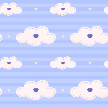 Cute bedding pattern for baby shower with clouds, stars and stripes, blue seamless pattern for kids, heart shapes around, childish cartoon styleのイラスト素材