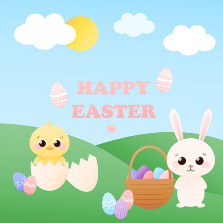 Happy easter greeting card in childish style with cute animal characters - easter bunny and chick,egg hunt, basket with eggs, colourful card for kids in cartoon style, spring holidayのイラスト素材