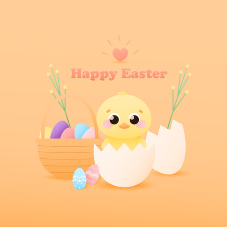 Easter card with cute little chick in shell, easter eggs around, basket with colourful egss and floral elements, egg hunting invitation for kids, happy holidays card in cartoon styleのイラスト素材