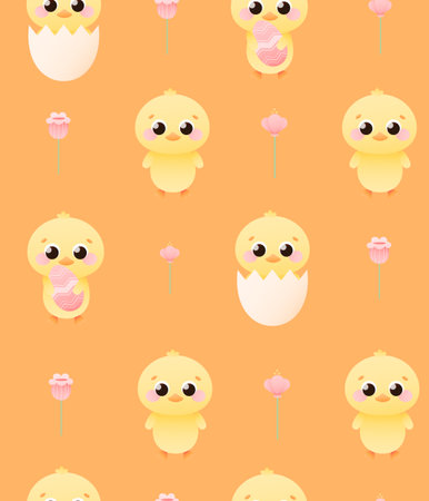 Spring animal seamless pattern with cute chicks, happy easter concept, flower elements for textile...