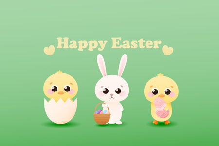 Web banner for easter holidays with cute childish characters, little buny with basket with easter eggs, chiks in shell in cartoon style on green background..のイラスト素材