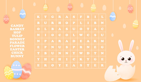 Kids word search game, easter holiday theme with cute animal character - bunny in egg shell, coulourful paited eggs around, easy riddle for children books on orange backgroundのイラスト素材