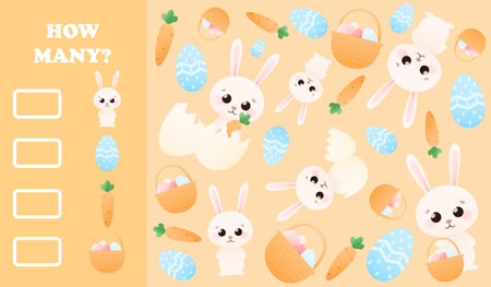 Colourful childish riddle for easter with cute rabbit character, basket with painted eggs and carrots, educational counting game for kids, printable worksheet for school or kindergardenのイラスト素材