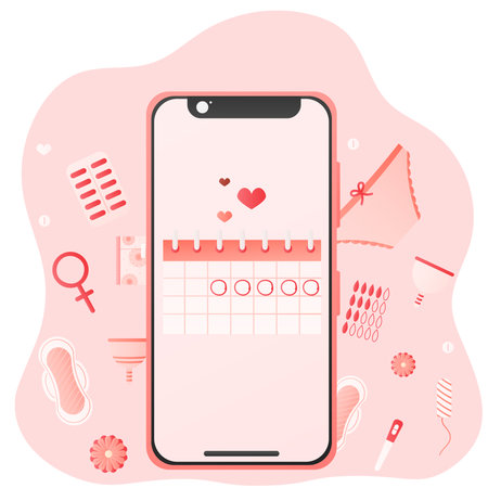 Menstruation cycle calendar mobile app, woman health elements around, ovulation check, pads, pills, female hygiene concept in cartoon style on white backgroundのイラスト素材