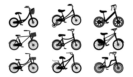 Set of different kids of bicycles in black and white style for kids, bike silhouette, transport design, types of bicycles on white backgroundのイラスト素材