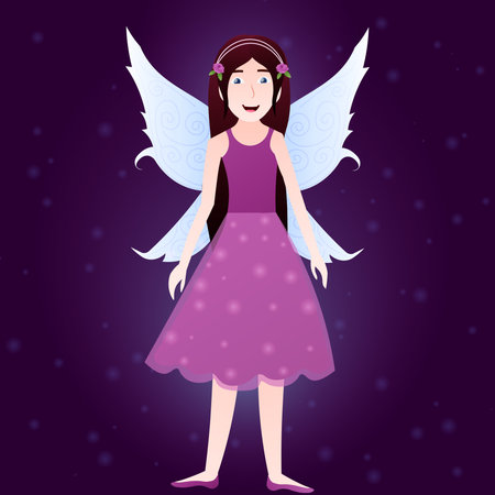 Magical fairy creature on dark violet background with beautiful wings shining, children fantasy book characterのイラスト素材