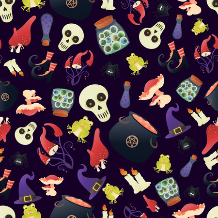 Witch items seamless pattern on dark background in cartoon style, halloween holiday background or wallpaper, ornament for textile or wrapping paper, spooky objectsのイラスト素材