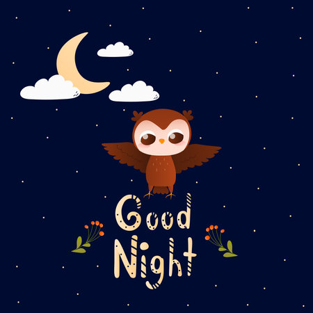 Childish lettering good night with cute animal character owl flying, moon and flowers, magical invitation card or poster for kidsのイラスト素材