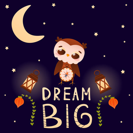 Dream big lettering with owl character on dark background, starry night with moon, travel tribal concept for children, poster designのイラスト素材