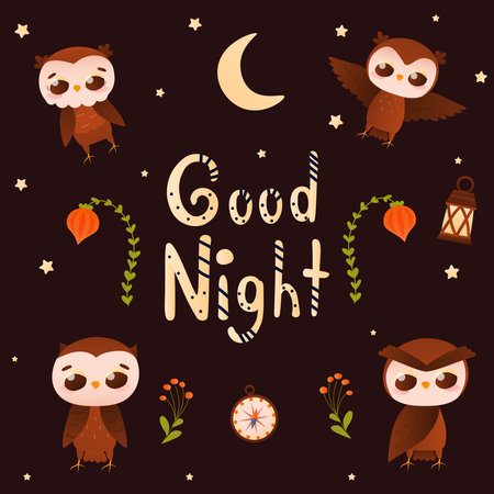 Cute childish animal set of owls in different poses on dark background with good niht lettering, sweet dreams conceptのイラスト素材