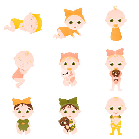 Newborn kids in different poses with toys - playing or sleeping, baby shower concept in cartoon styleのイラスト素材