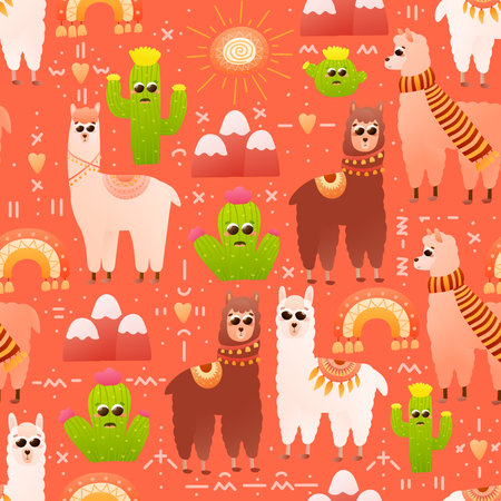 Colorful peru seamless pattern with alpaca and cactus, childish cute llama with sun and rainbows, ornate for textile or fabricのイラスト素材